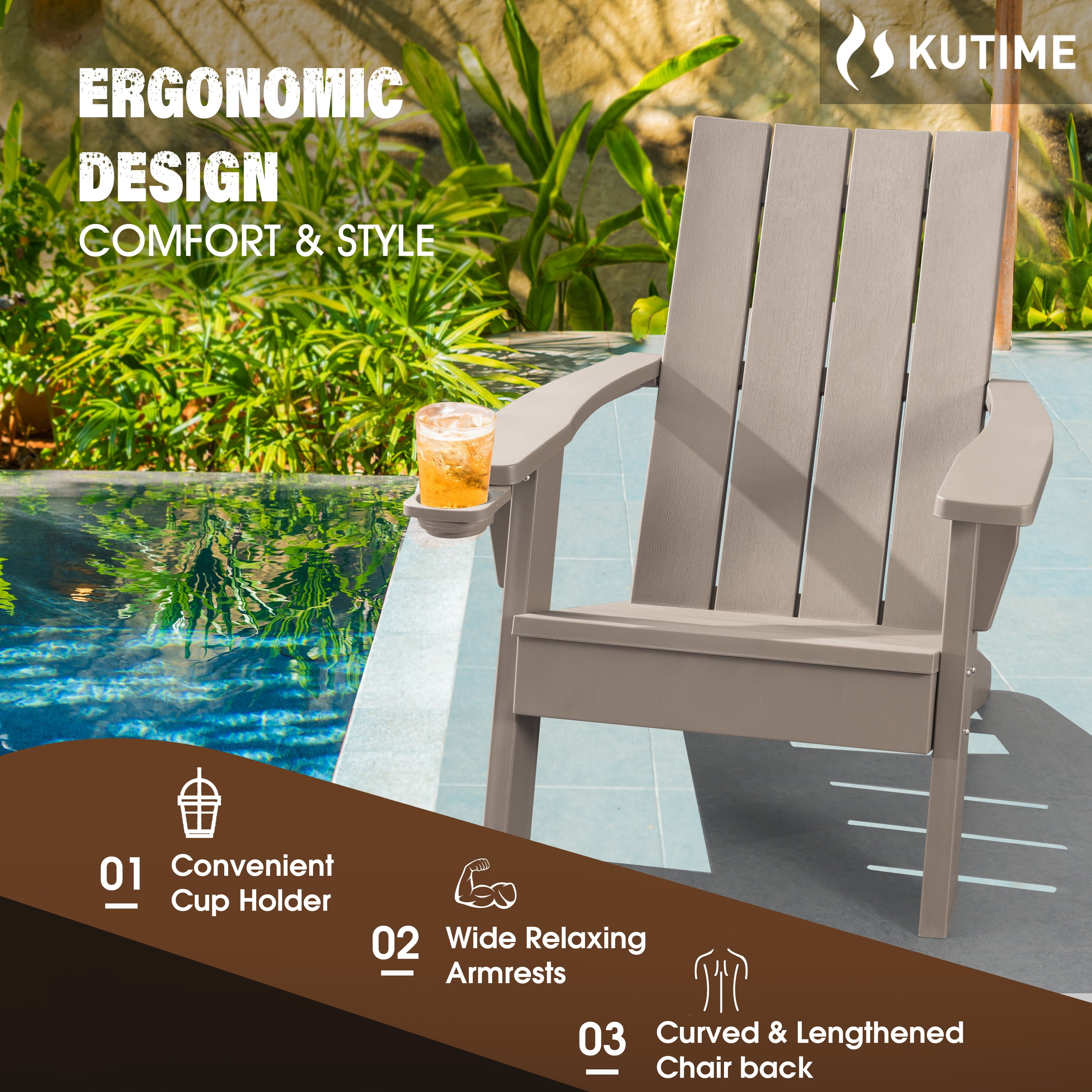 KUTIME | Resin Plastic Adirondack Chair Outdoor Patio Plastic Resin Chair With Cup Holder - Light Brown