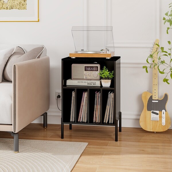 Record Player Stand with Record Storage Shelf and Charging Station