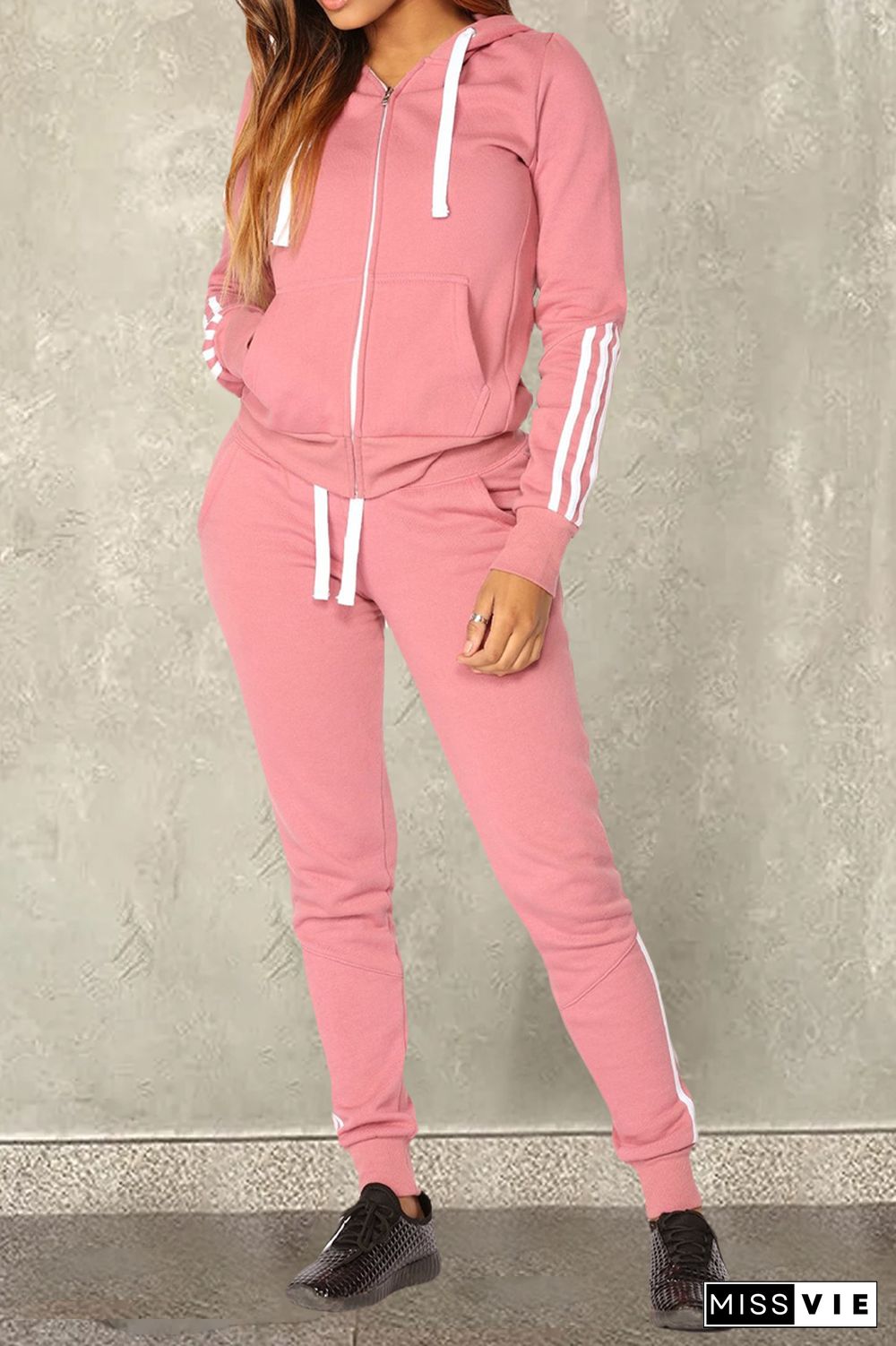 Stripe Letter Print Zip Up Drawstring Hoodie & Pants Set