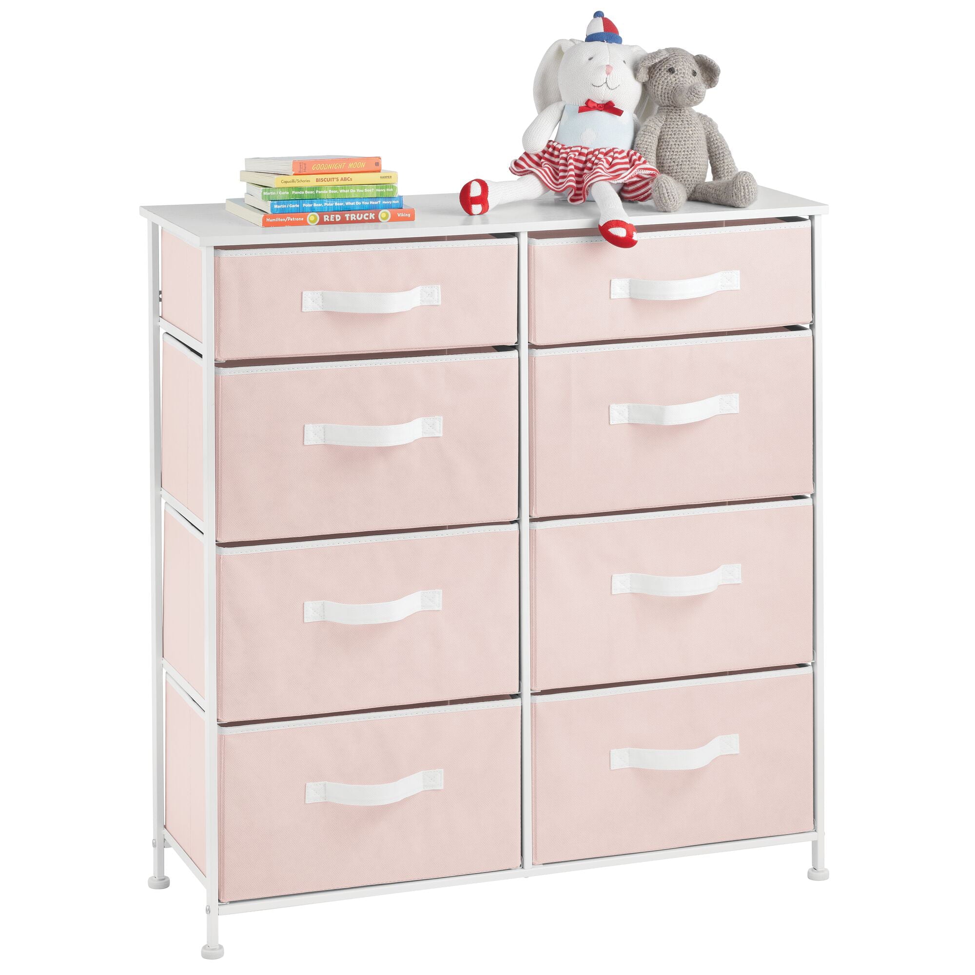 mDesign Tall Steel Frame/Wood Top Storage Dresser Furniture with 8 Slim Fabric Drawers, Large Bureau Organizer for Baby, Kid, Teen Bedroom, Nursery, Playroom, Dorm - Jane Collection, Pink/White