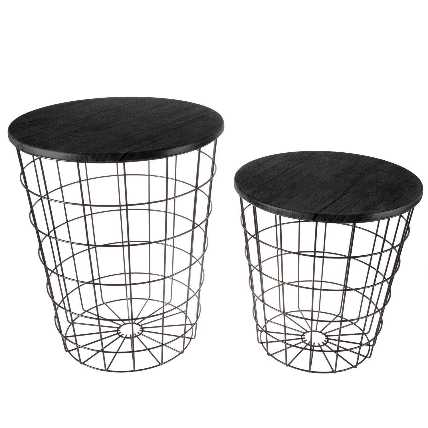 Nesting End Tables with Storage- Set of 2 Round Metal Baskets By Lavish Home (Black)