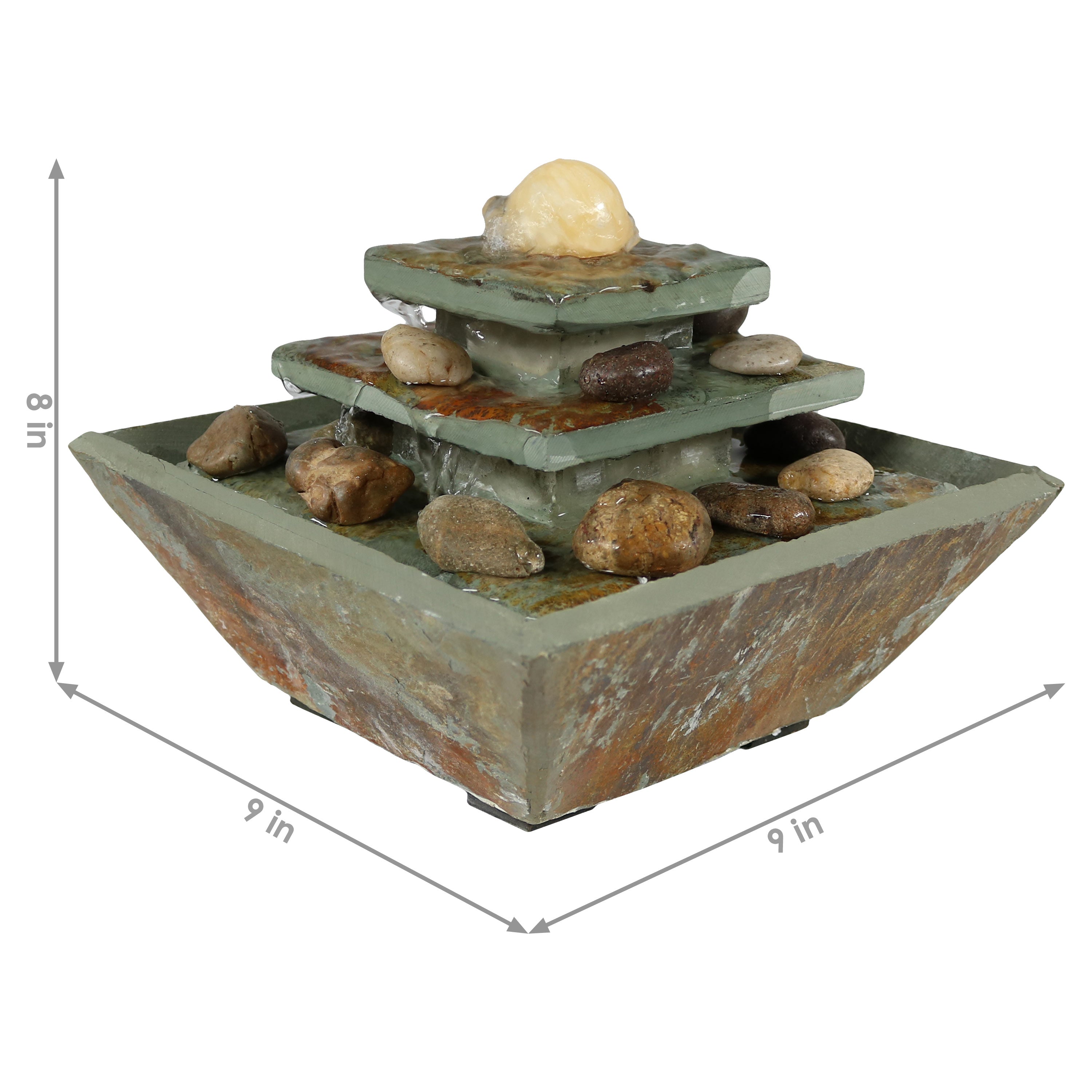 Sunnydaze Indoor Home Office Slate and Polished Stone Ball Tiered Tabletop Water Fountain with LED Light - 8