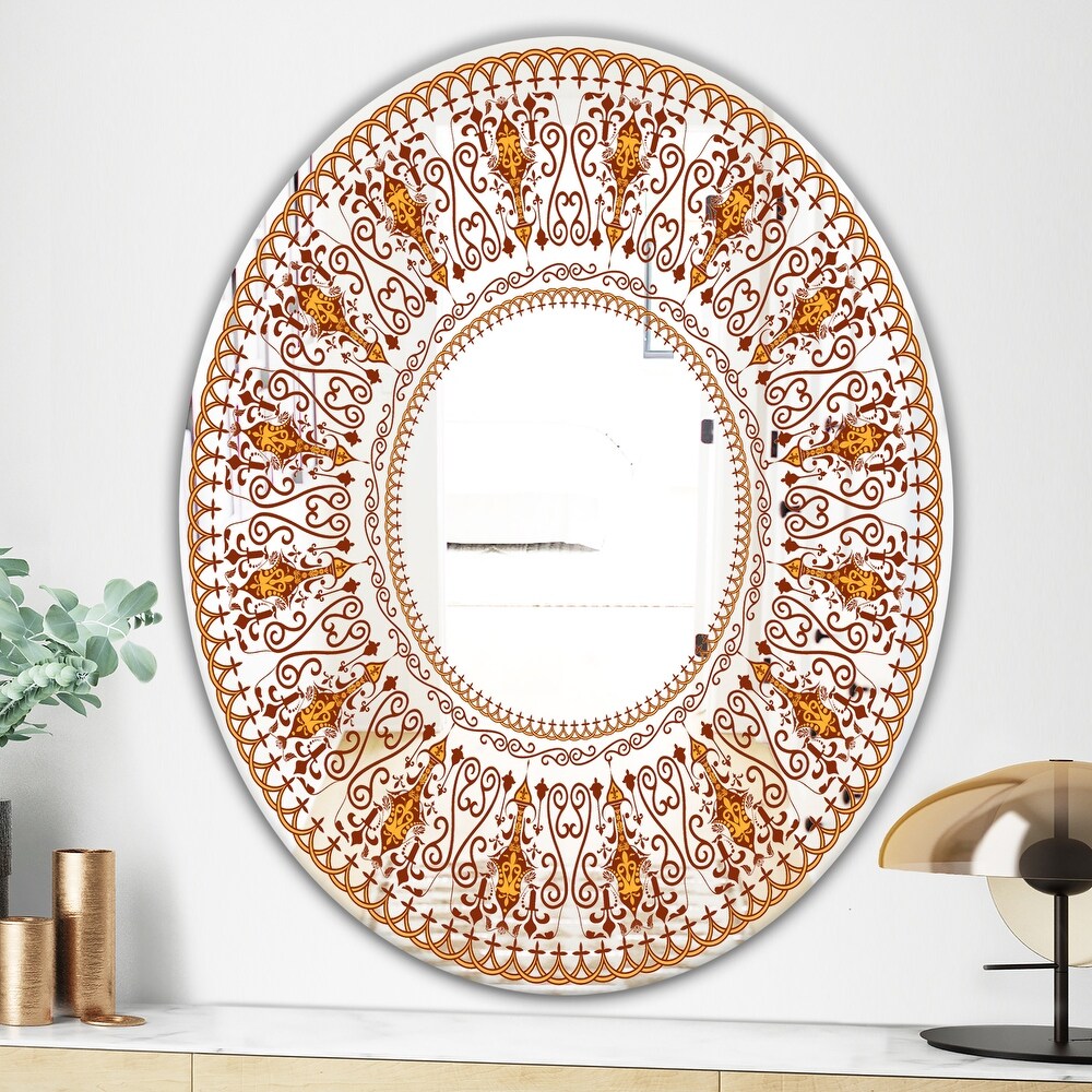 Designart 'Bohemian Brown Pattern' Printed Bohemian and Eclectic Oval or Round Wall Mirror   Bronze