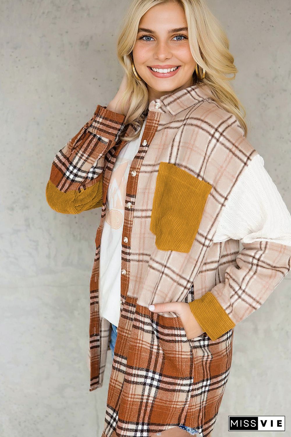 Orange Plaid Color Block Patchwork Shirt Jacket with Pocket