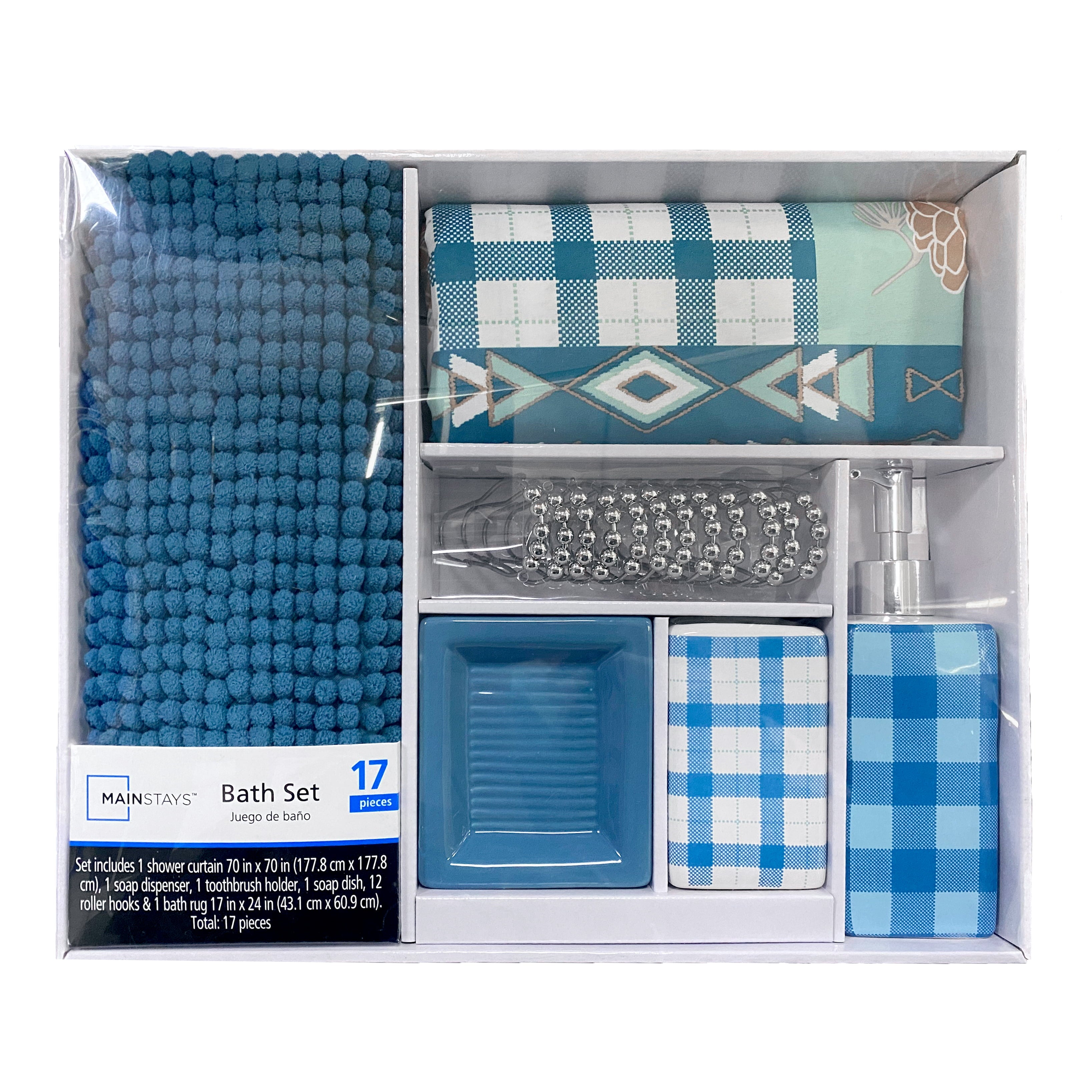 Mainstays 17-Piece Big Bear Lodge Polyester/Ceramic Bathroom Accessory Set， Blue