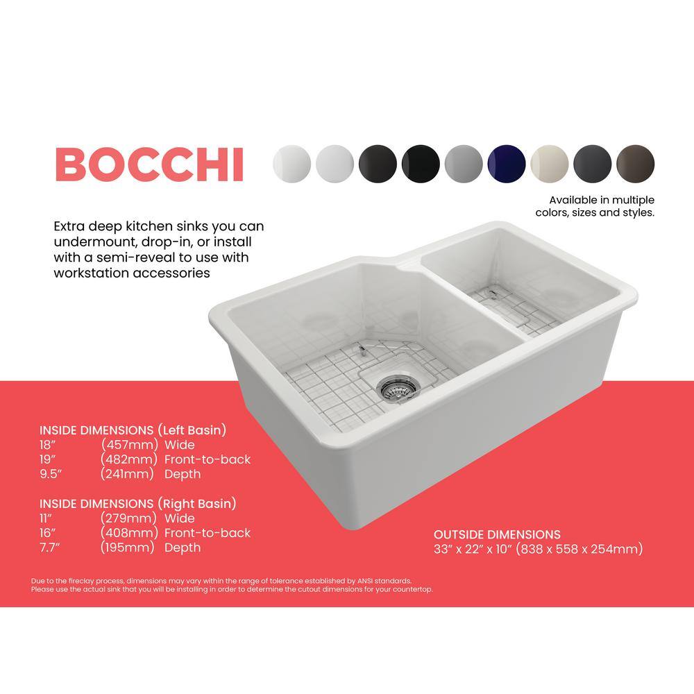 BOCCHI Sotto White Fireclay 33 in. 6040 Double Bowl Dual-Mount Kitchen Sink w Protective Bottom Grids and Strainers 1506-001-0120