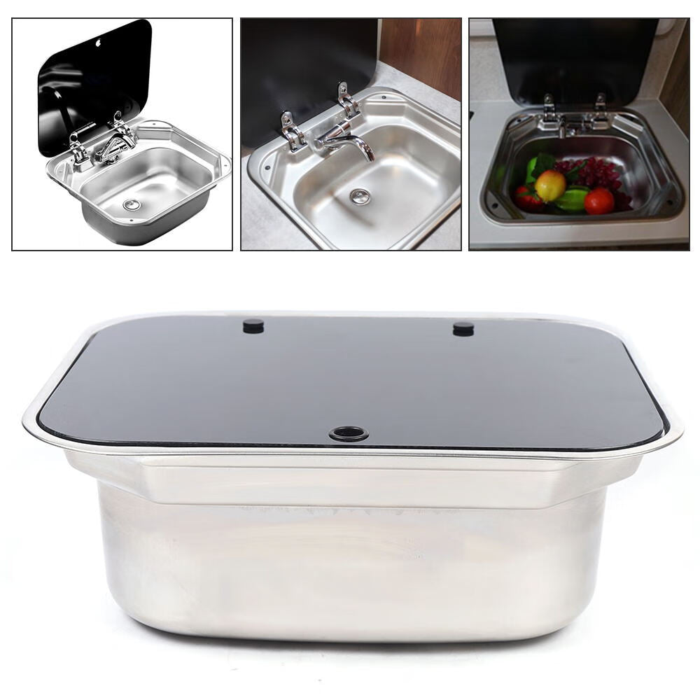 Wuzstar RV Caravan Sink Stainless Steel Hand Wash Basin Kitchen Sink w/ Lid&Faucet