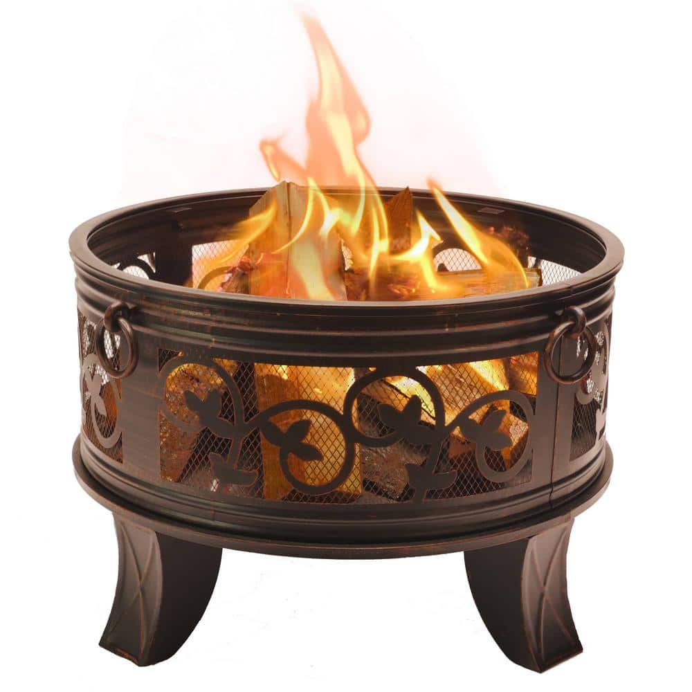 BLUEGRASS LIVING 26 Inch Steel Deep Bowl Fire Pit with Cooking Grid， Weather Cover， Spark Screen， and Poker BFPW26W-CC