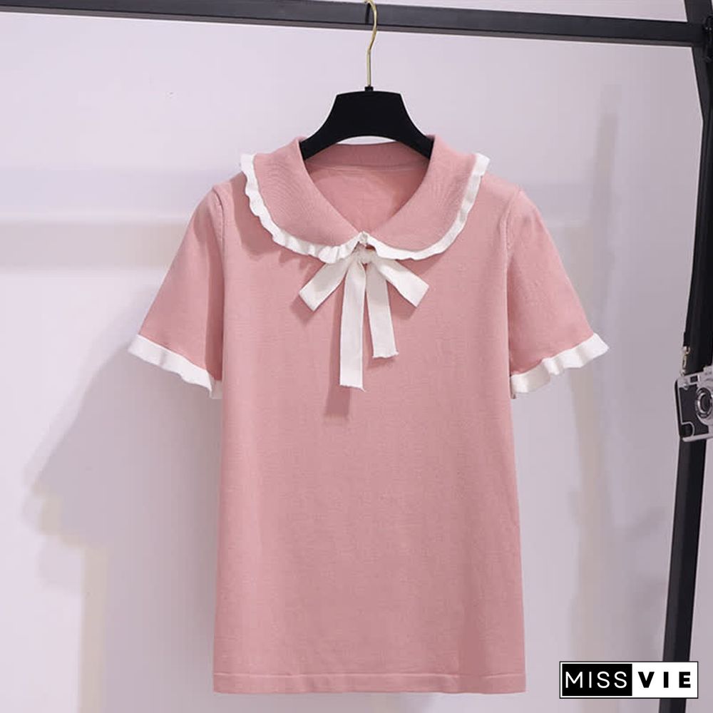 Doll Collar Bowknot Knitted T-Shirt High Waist Denim Skirt