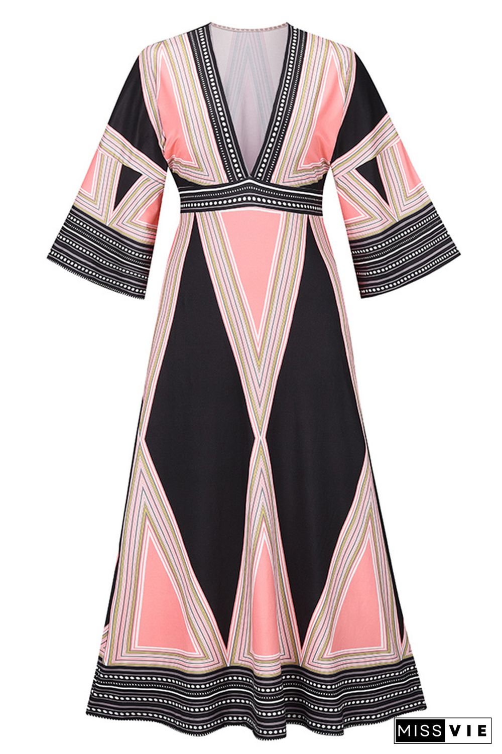 Deep V Neck Geometric Patterns Long Dress Wholesale