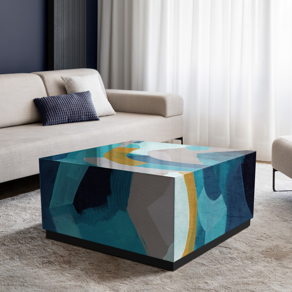 quotPuzzle Blues I quotReverse Printed Art Glass Cocktail Table with Black Plinth Base   Contemporary   Coffee Tables   by Empire Art Direct  Houzz