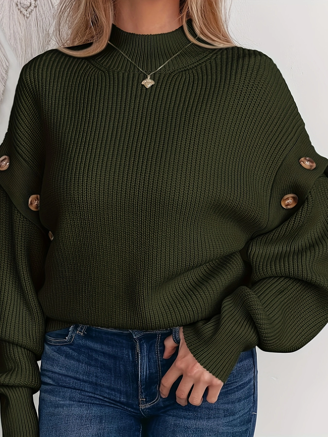 Plus Size Solid Crew Neck Pullover Sweater, Casual Long Sleeve Button Decor Knitted Sweater For Fall & Spring, Womens Plus Size Clothing