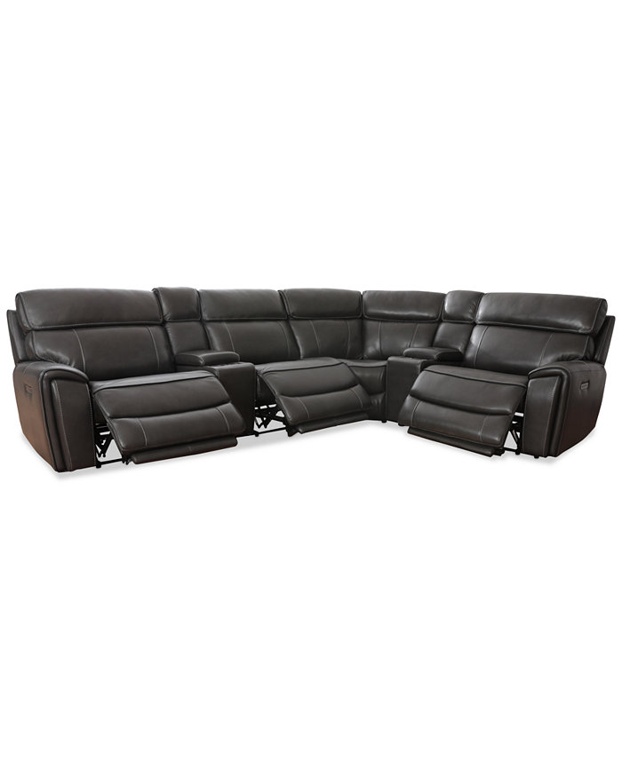 Furniture Hutchenson 132.5 6-Pc. Leather Sectional with 3 Power Recliners and 2 Consoles