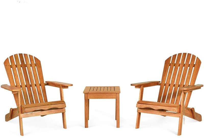 3 Pcs Slatted Design Wooden Adirondack Chair Set with Side Table & 2 Folding Lounger Chairs