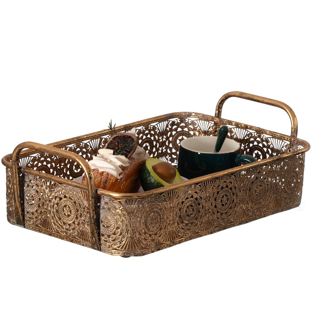 Metal Gold Rectangular Serving Tray with Oval Design and Handles