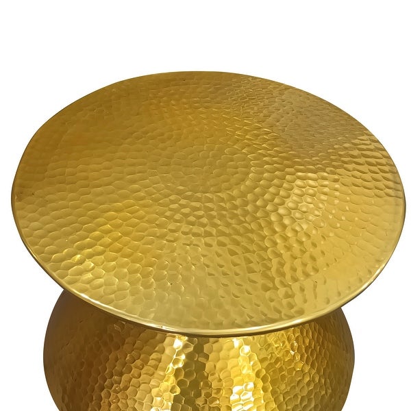 21 Inch Round Aluminum Side End Table， Hammered Embossed Metal Surface， Turned Pedestal Base， Gold Brass Finish