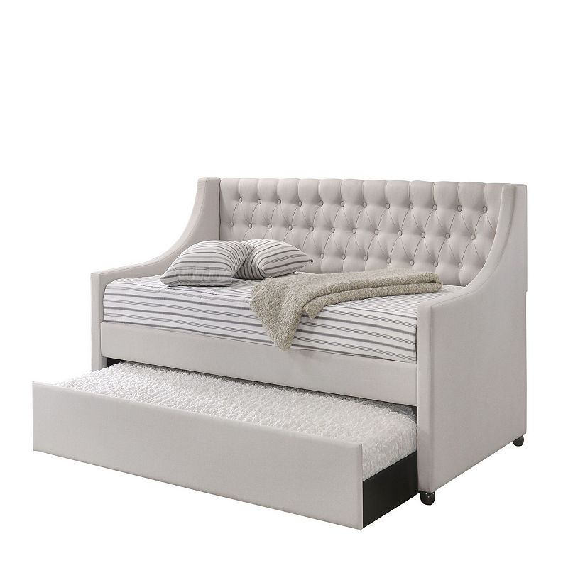 Fabric Twin Size Daybed with Button Tufted Back and Sloped Arms，Light Gray