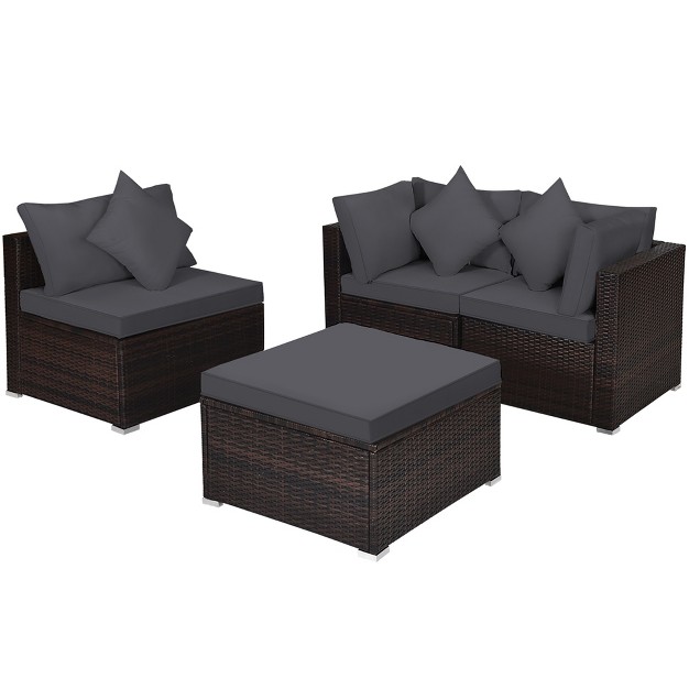 Costway 4pcs Patio Rattan Furniture Set Sofa Ottoman Cushion Garden Deck Grey