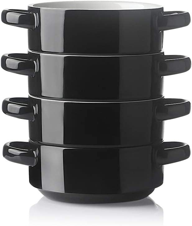 SWEEJAR Ceramic Soup Bowls with Double Handles， 20 Oz Stacked Bowls for French Onion Soup， Cereal， Pot Pies， Stew， Chill， Pasta， Set of 4(Black)