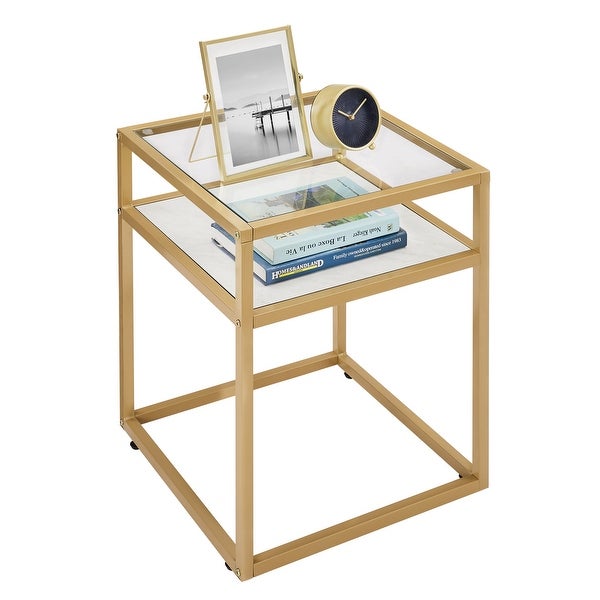 Side Table with Tempered Glass Top Nightstand with Shelf 2-Tier End Table Small Coffee Accent Table Bedside Table