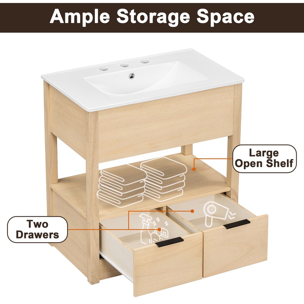 Multifunction Vanity with Ceramic Sink  Bathroom Sink Counter  Open Storage Shelf with 2 Drawers  Toilet Standing Cabinet