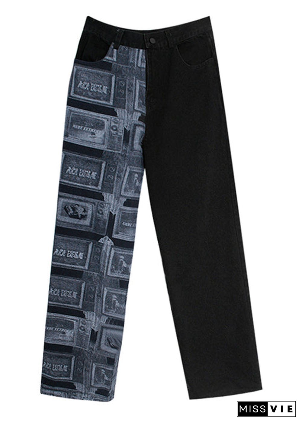 Art Black Zip Up Patchwork denim Pants Spring