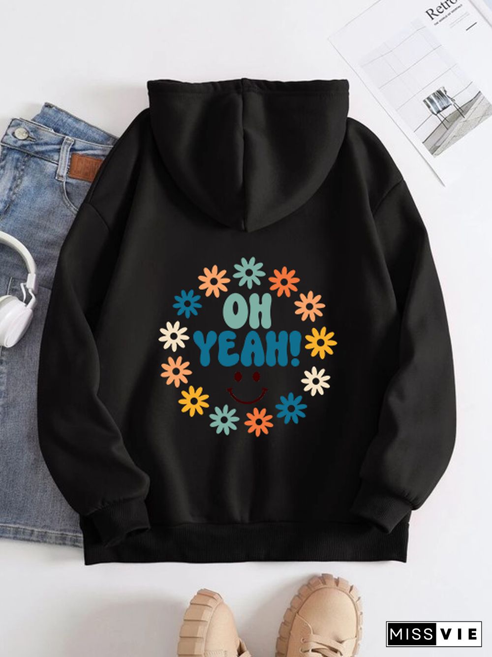 Printed on the Back Kangaroo Pocket Hoodie Long Sleeve for Women Pattern oh yeah