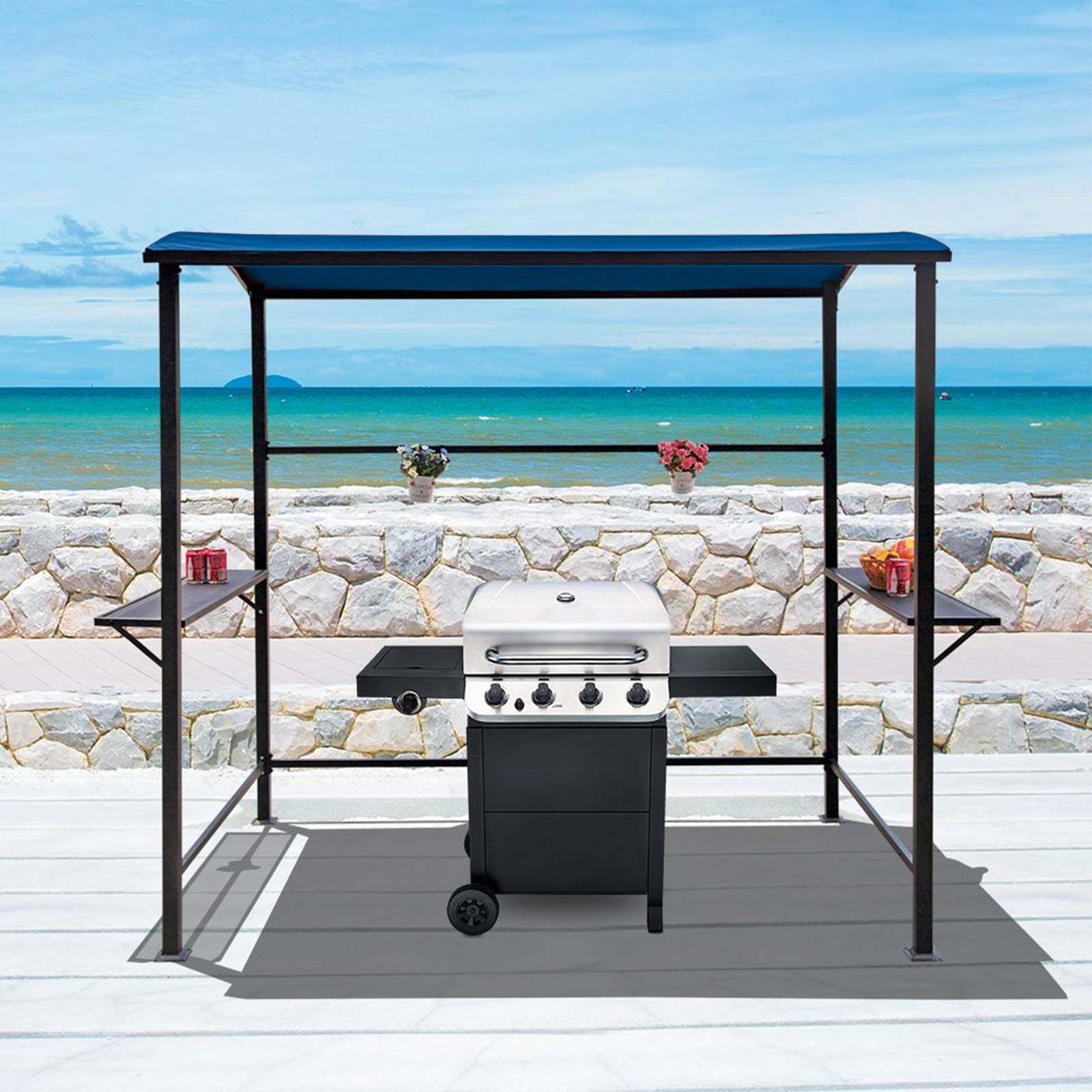 COBANA Grill Gazebo 8’by 4.6’ Outdoor Patio BBQ Canopy with Single-Tier Soft Top and Metal Shelves, Blue