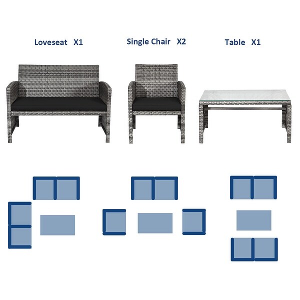 Costway 4PCS Patio Rattan Furniture Set Conversation Glass Table Top