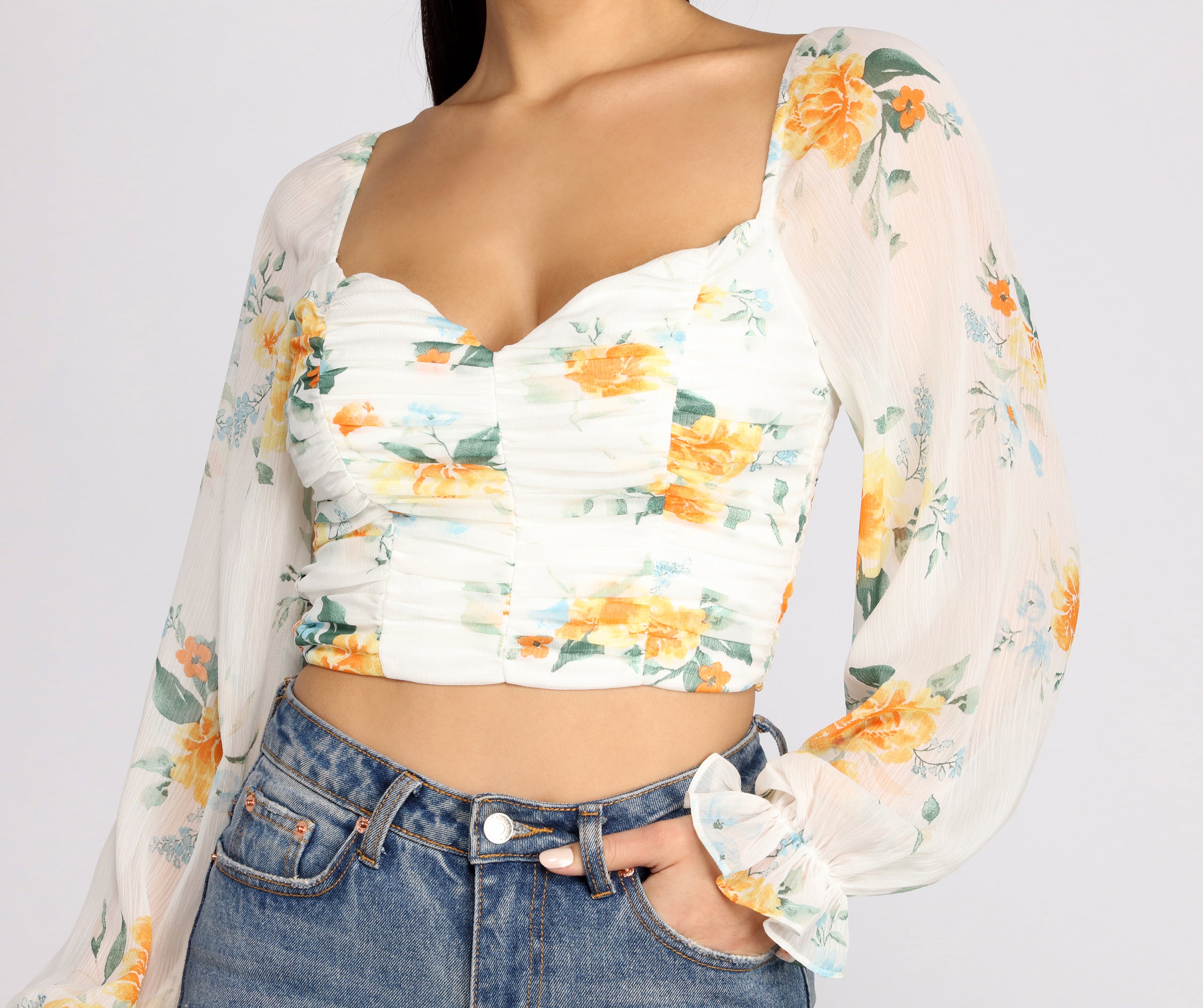 Floral Sweetheart Ruched Crop Top