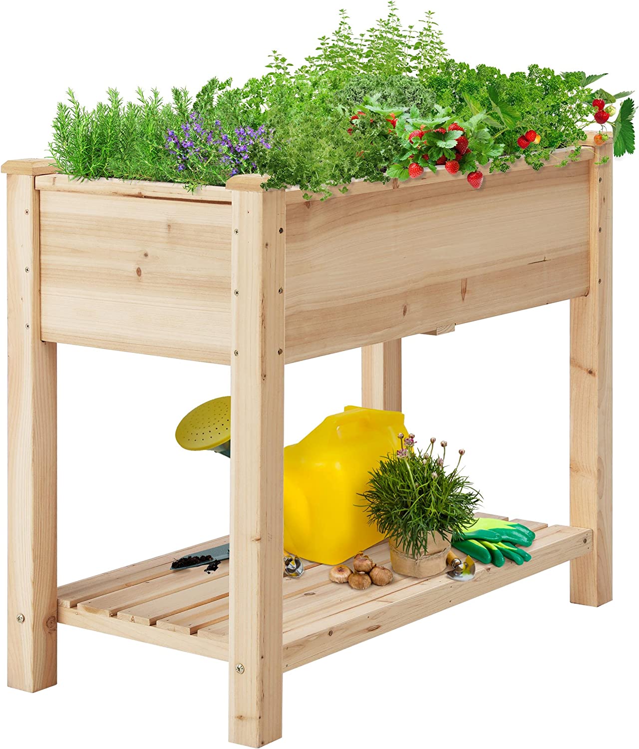 Raised Garden Bed Planter Box with Legs & Storage Shelf, Wooden Elevated Vegetable Growing Bed for Flower/Herb/Backyard/Patio/Balcony