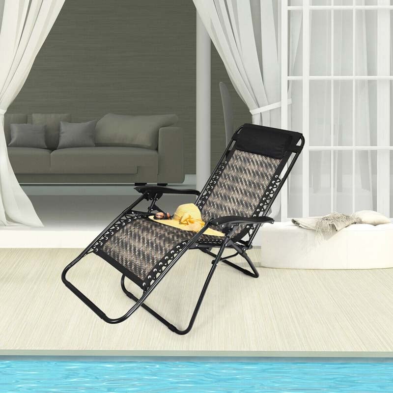 Rattan Folding Zero Gravity Lounge Chair Outdoor with Removable Pillow, Locking System, Adjustable Portable Patio Armchair