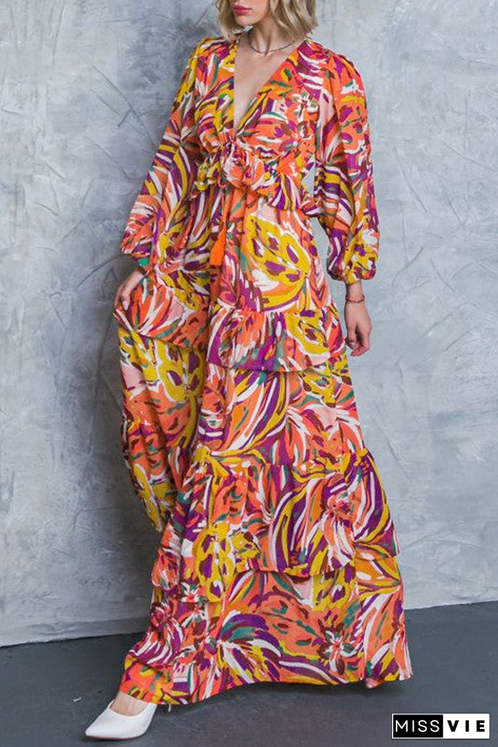 Multicolour Abstract Print Ruffle Tiered Puff Sleeve Maxi Dress