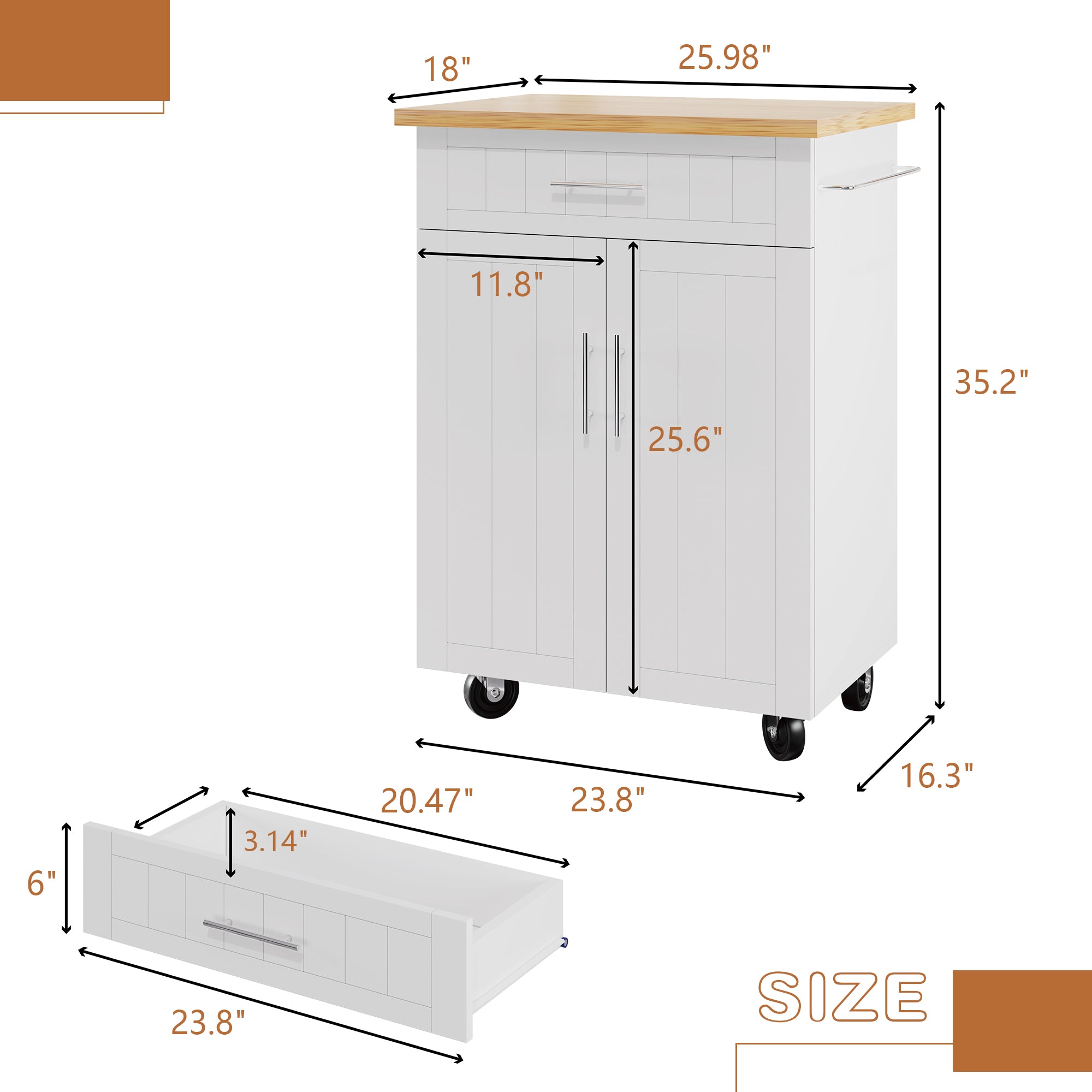 Walsunny Kitchen Island Cart with Towel Holder， Rolling Kitchen Storage Cabinet on Wheels with Drawer and Open Shelf for Kitchen， Living Rooms， Bars（White）