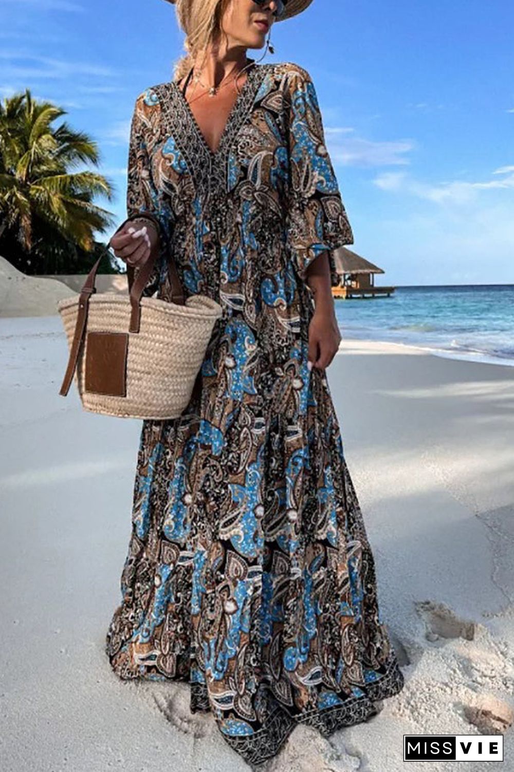 Paisley Print V Neck Bat Sleeve Maxi Dress