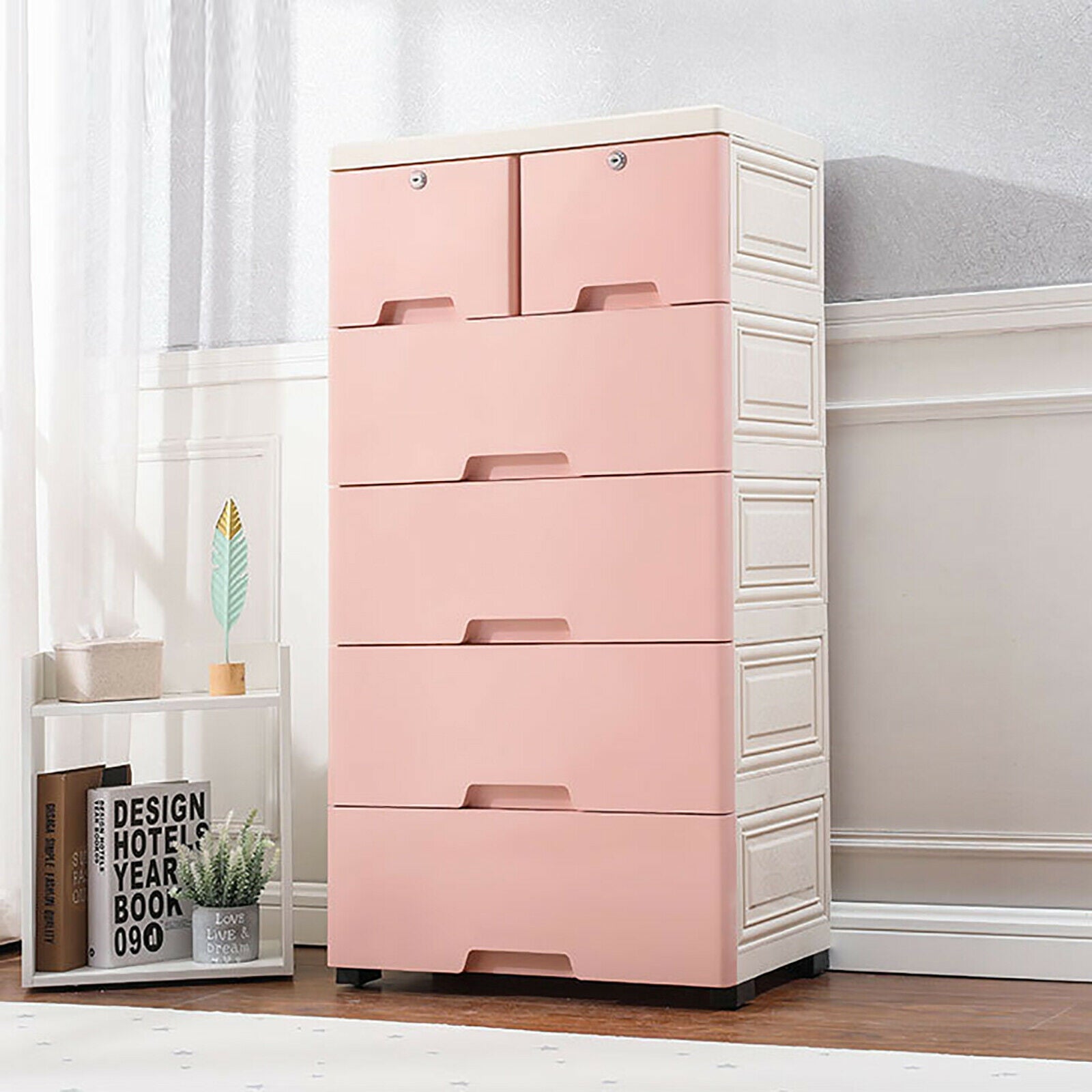 OUKANING 6 Drawer Dresser Finish Storage Cupboard Furniture Clothes Closet Cabinet with 4 Wheels