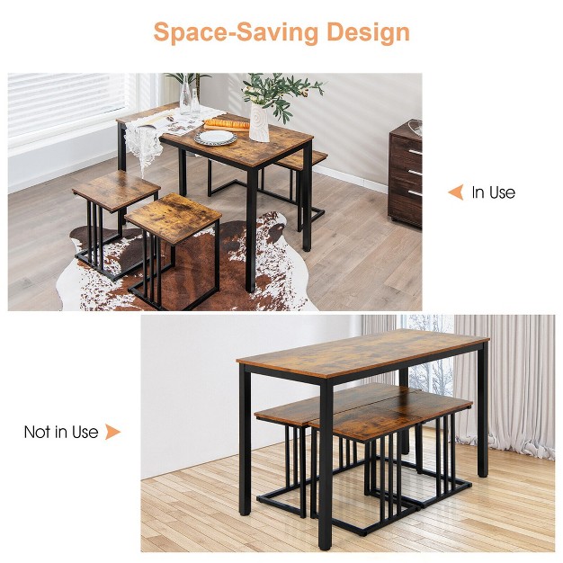 Tangkula 4 piece Dining Table Set Industrial Kitchen Table Set W Bench amp 2 Stools For 4