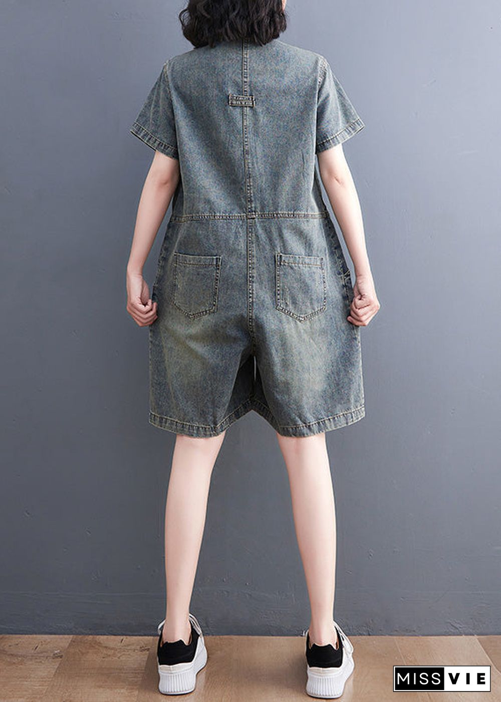 Plus Size Denim Blue O-Neck Patchwork Button Jumpsuits Short Sleeve