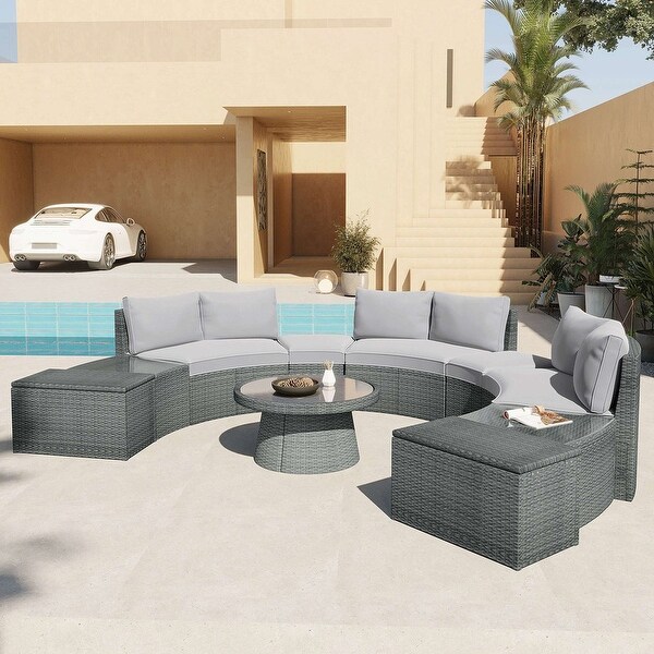 10-Piece Outdoor Sectional Half Round Patio Rattan Sofa Set - Overstock - 37386487