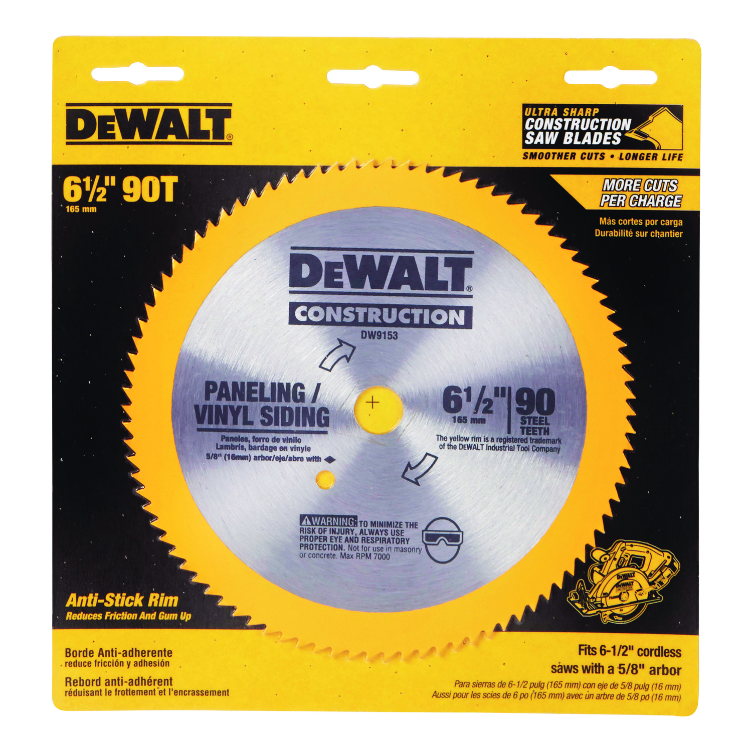 DW 6-1/2 in. D X 5/8 in. Construction Steel Circular Saw Blade 90 teeth 1 pk