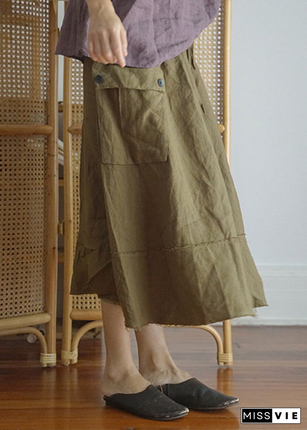 Fashion Green elastic waist drawstring Asymmetrical pocket Linen Skirt Spring