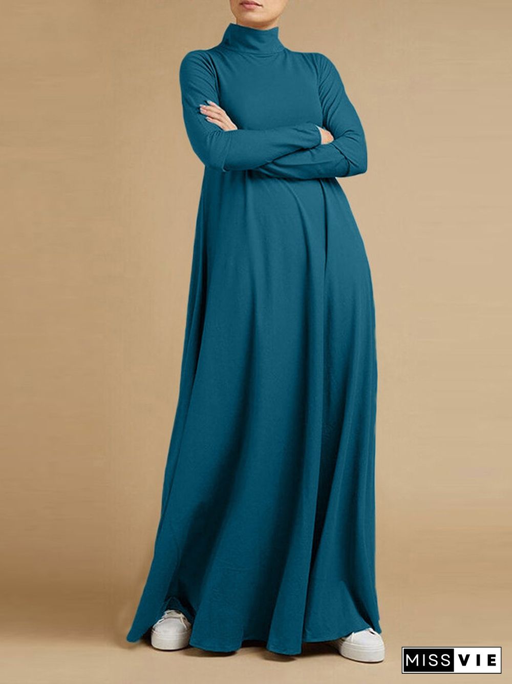 Casual Loose 4 Colors High-Neck Long Sleeves Maxi Dress