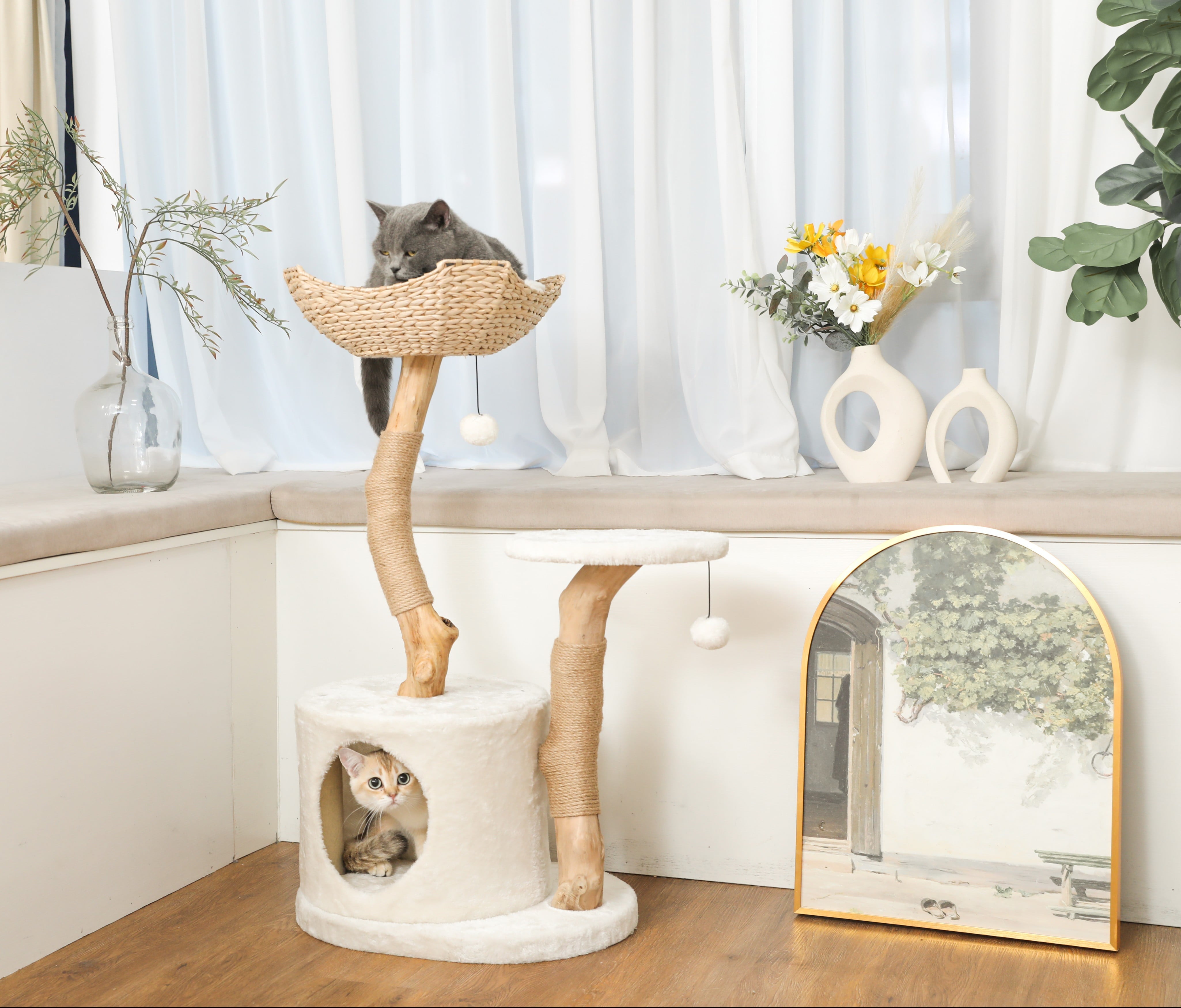 Konelcare Wood Cat Tree-Modern Cat Tower with Hiding Enclosure,White