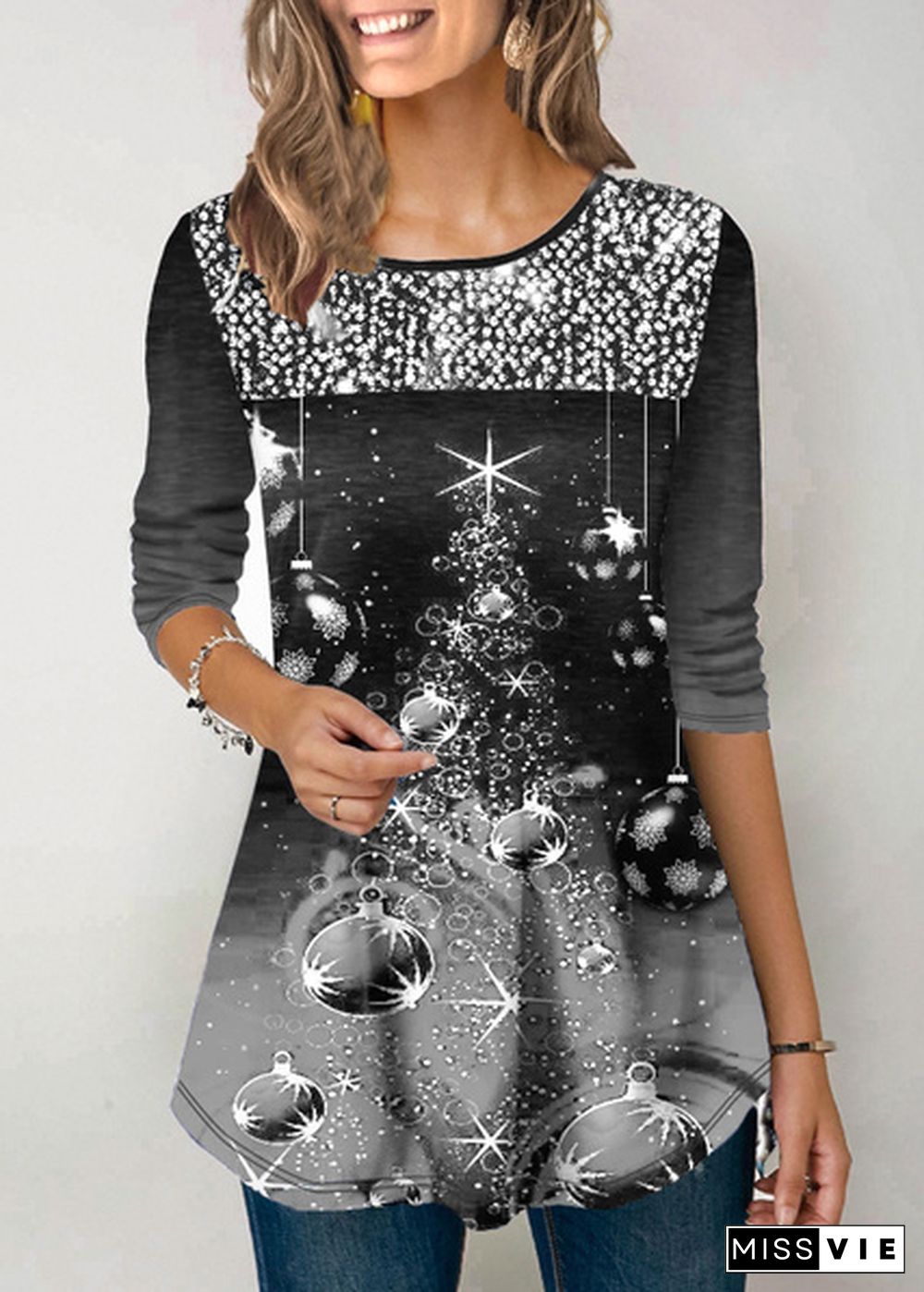 Women's Fashion Christmas Print Long Sleeve Sequin Embellished T Shirt Casual Autumn T-shirts Color Party Loose Long Sleeve Blouse