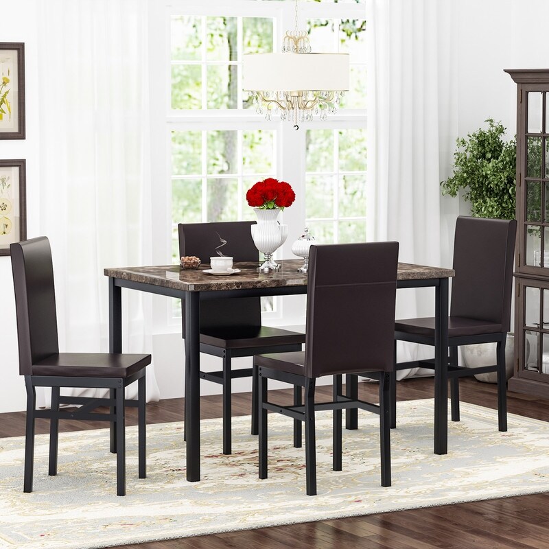 Modern Kitchen Dining Table Set for 4  Faux Marble Dining Set with 4 PU Leather Upholstered Chairs for Living Room  Kitchen