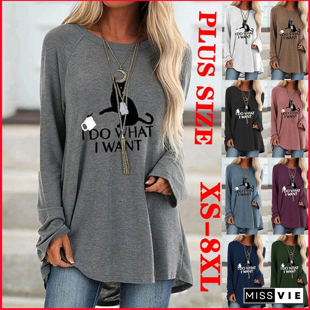 New Women Autumn and Winter Clothes Casual Printed Round Neck Long Sleeves Tunic T-Shirt Loose Cotton Pullover Blouse Plus Size XS-8XL