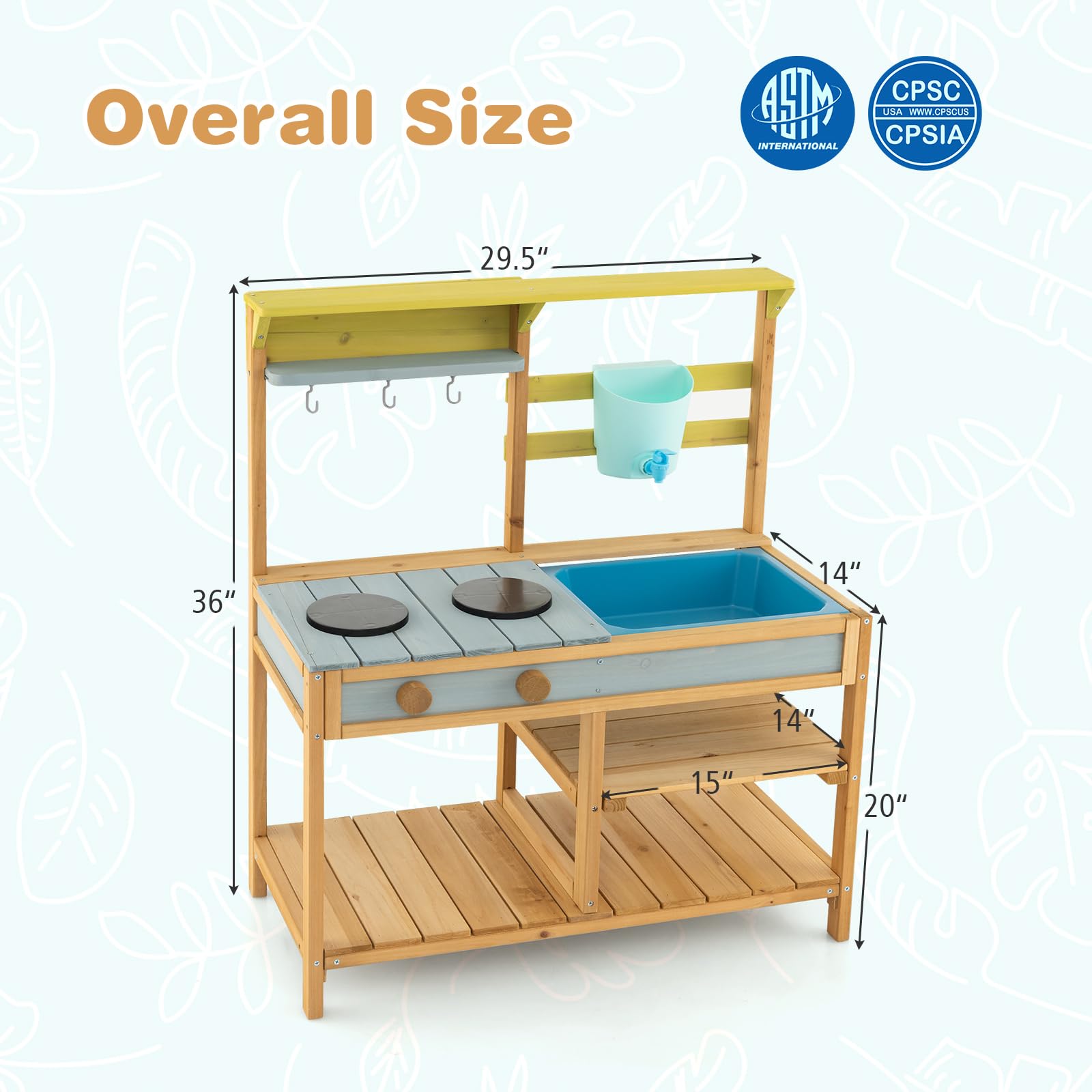 Costzon Wooden Kids Play Kitchen, Outdoor Mud Kitchen with Removable Sink, Water Box & Faucet