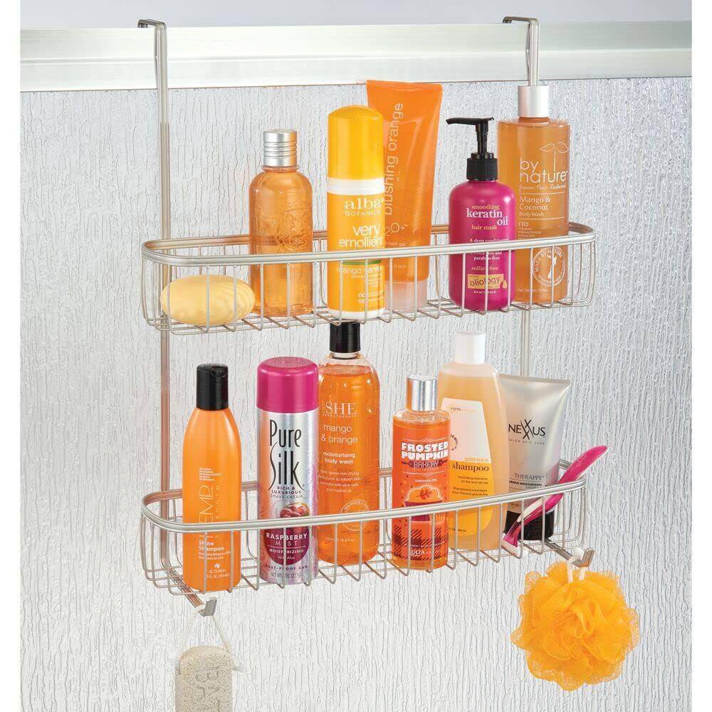 Dracelo Satin Extra Wide Stainless Steel BathShower Over Door Caddy Hanging Storage Organizer 2-Tier Rack with Hook and Basket B07CZ3DGVC