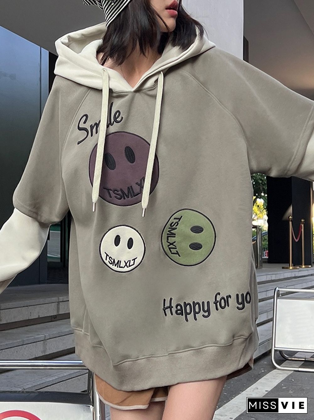 Smiling Print Splice Drawstring Oversized Hoodie