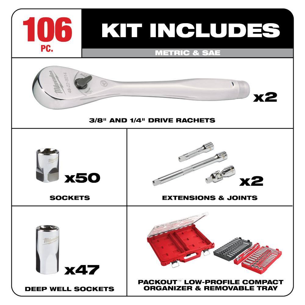 MW 38 in. and 14 in. Drive SAEMetric Ratchet and Socket Mechanics Tool Set with PACKOUT Case (106-Piece) 48-22-9486